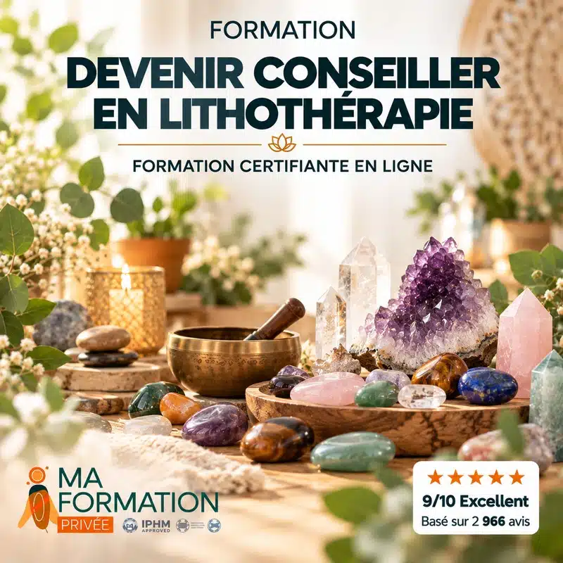 Formation pour devenir conseiller en lithothérapie avec cristaux, pierres semi-précieuses et bol tibétain sur table en bois